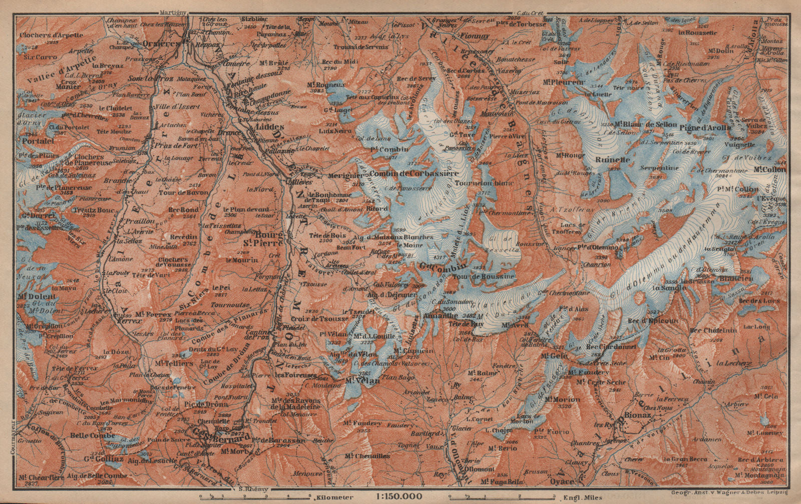 GRAND ST BERNARD ENVIRONS Arolla Grand Combin Massif Orsières Mt Velan 1907 map